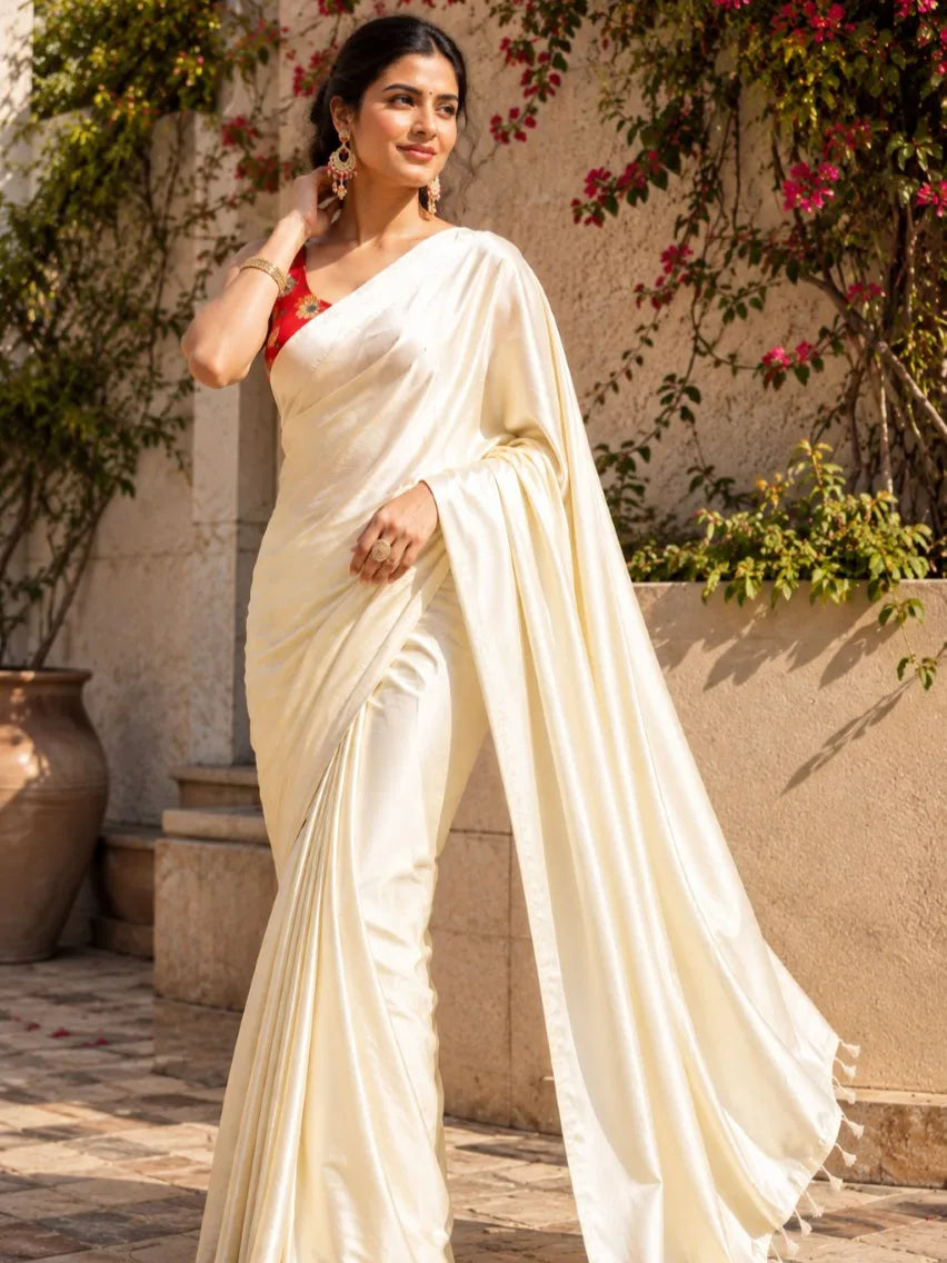 Crepe Cream Saree with Blouse