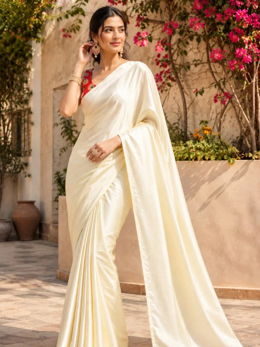 Crepe Cream Saree with Blouse