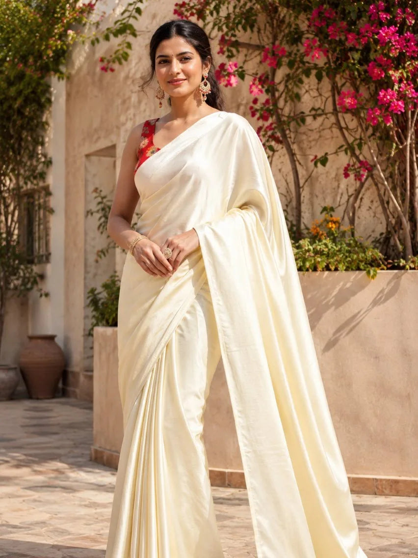 Crepe Cream Saree with Blouse