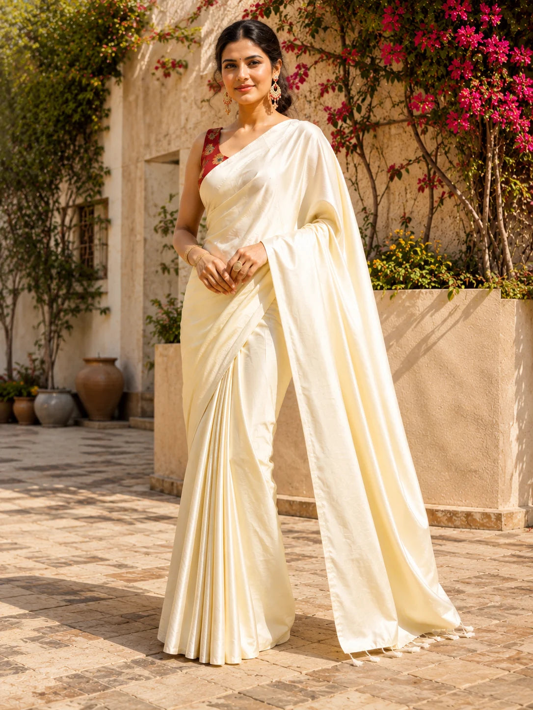 Crepe Cream Saree with Blouse