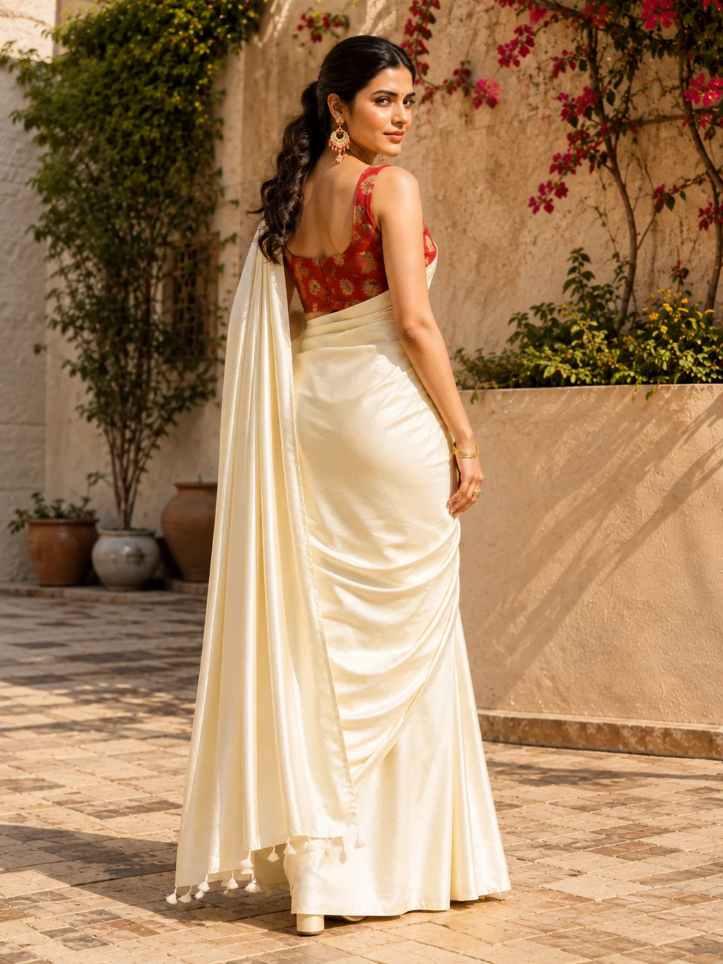 Crepe Cream Saree with Blouse