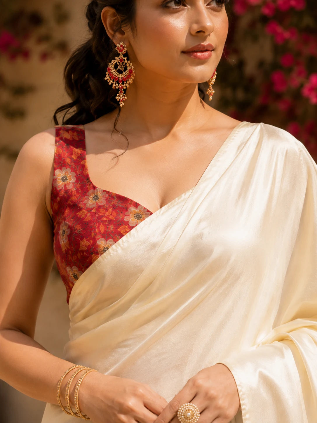 Crepe Cream Saree with Blouse