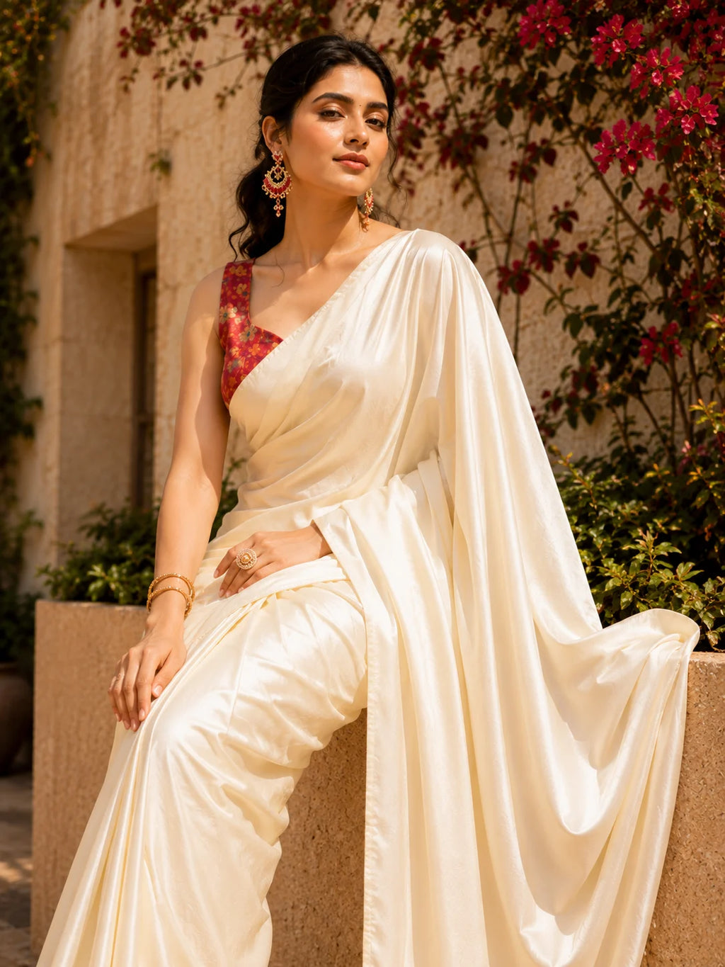 Crepe Cream Saree with Blouse