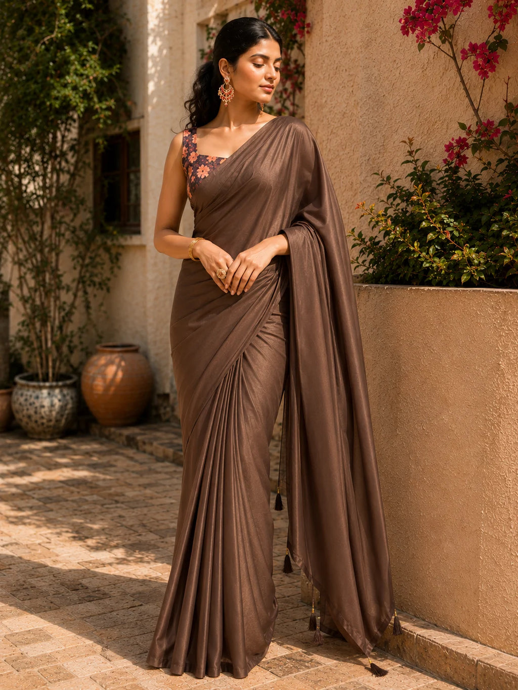 Crepe brown Plane Saree