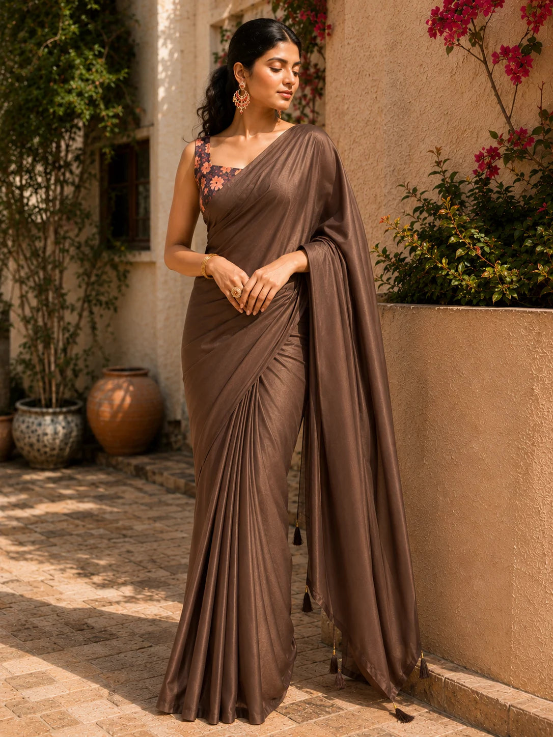 Crepe brown Plane Saree