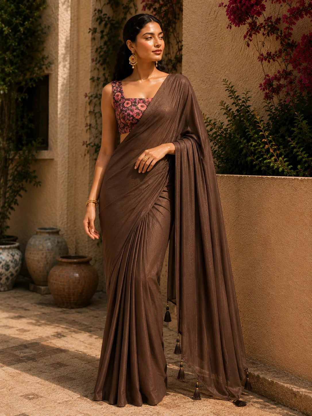 Crepe brown Plane Saree